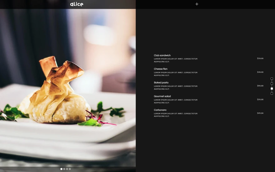 Fifth screenshot of Alice Restaurant website webflow template