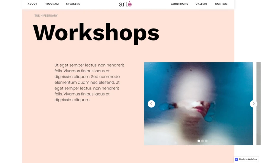 Second screenshot of Arte Event website webflow template