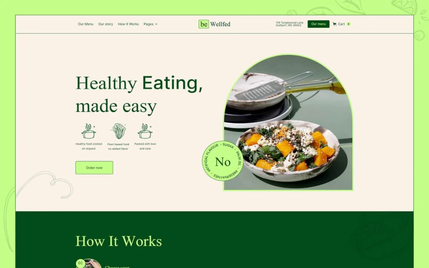 First screenshot of beWellfed Food website webflow template