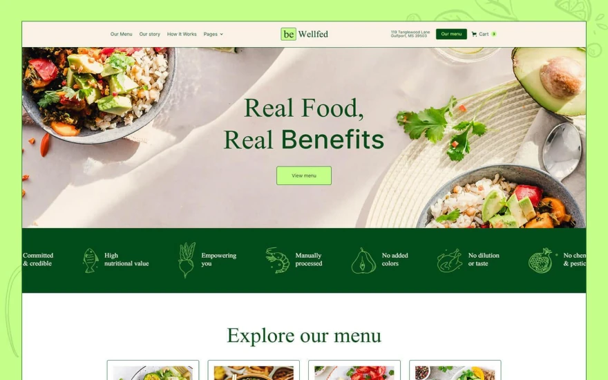 Second screenshot of beWellfed Food website webflow template