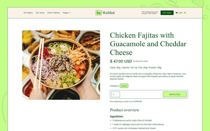 Third screenshot of beWellfed Food website webflow template
