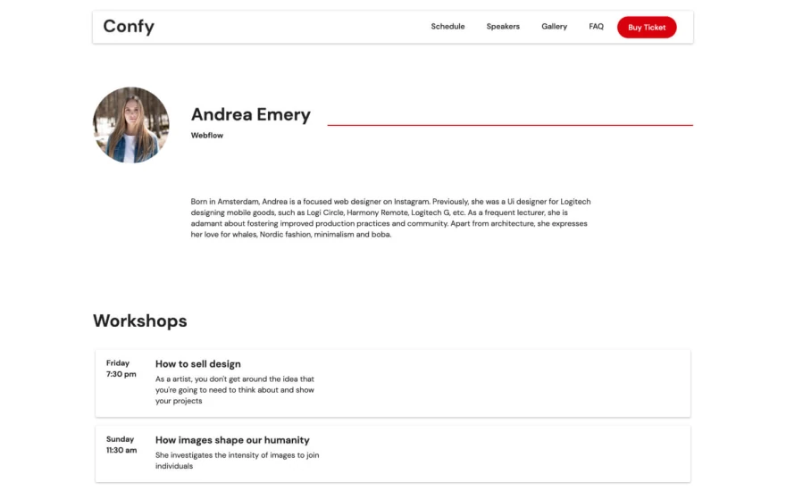 Fifth screenshot of Confy Conference website webflow template