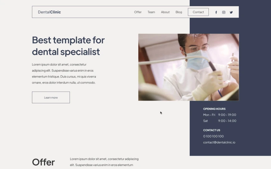 First screenshot of DentalClinic Dentist website webflow template