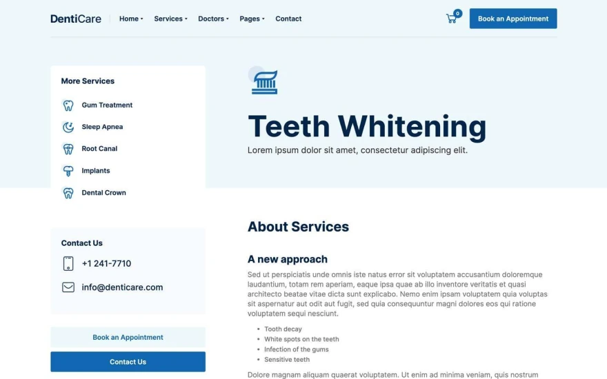 Second screenshot of DentiCare Dentist website webflow template