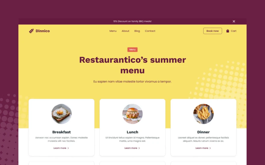 Third screenshot of Dinnico Restaurant website webflow template