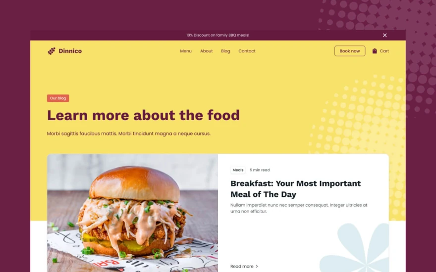 Fourth screenshot of Dinnico Restaurant website webflow template