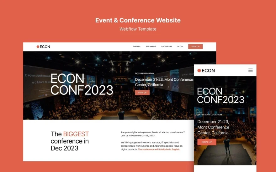 First screenshot of Econ Conference website webflow template