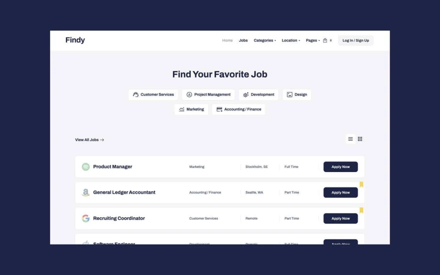 Second screenshot of Findy Job Portal website webflow template