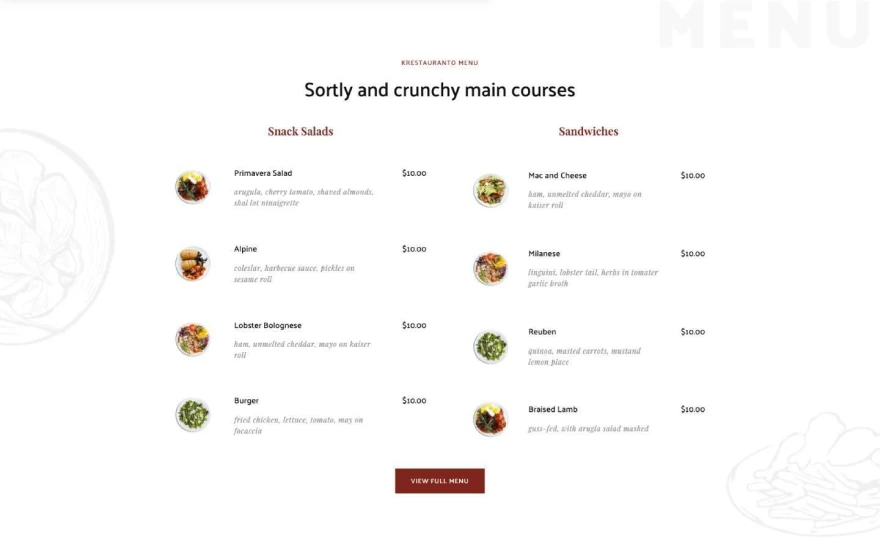 Second screenshot of Fine Dining 128 Restaurant website webflow template