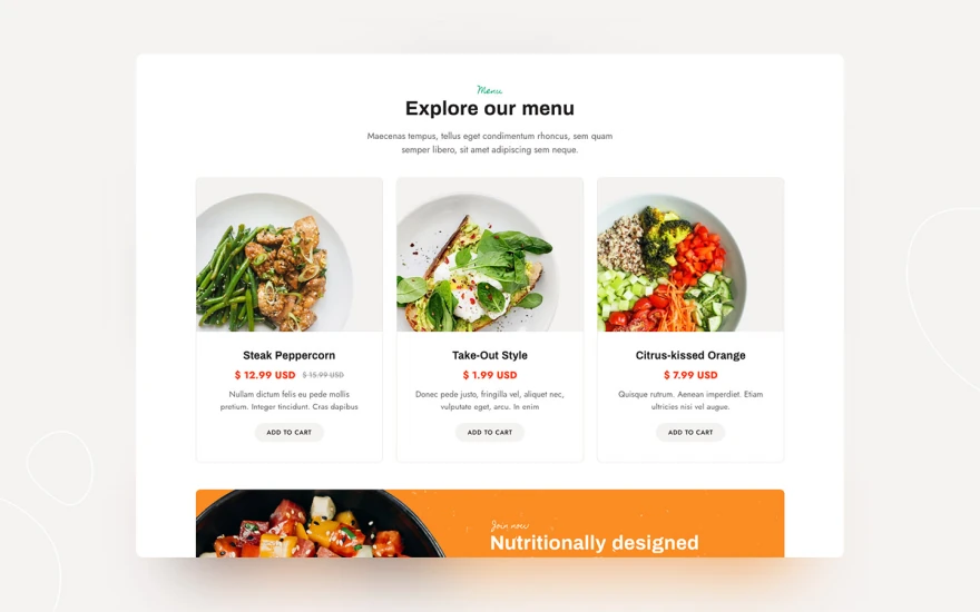 Fifth screenshot of Galatea Food website webflow template