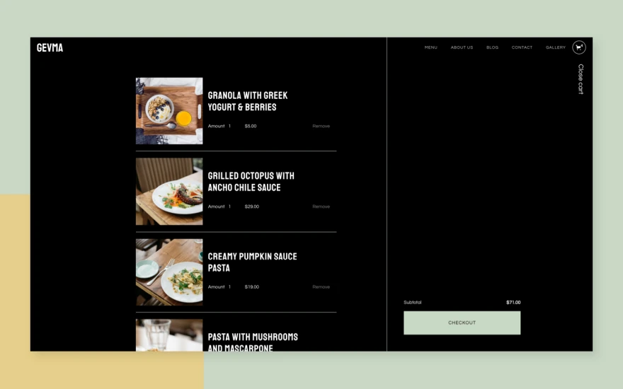 Fifth screenshot of Gevma Restaurant website webflow template