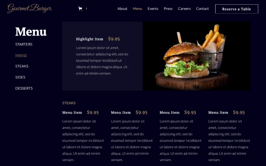 Third screenshot of Gourmet Burger Restaurant website webflow template
