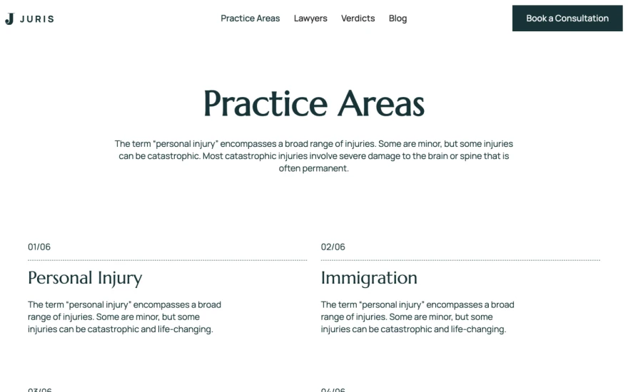 Second screenshot of Juris Attorney website webflow template