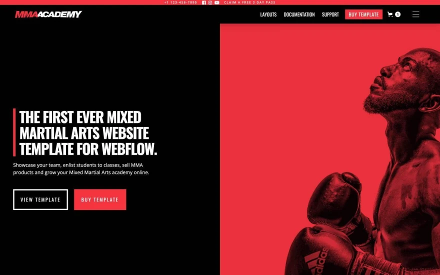 First screenshot of MMA Academy Gym website webflow template