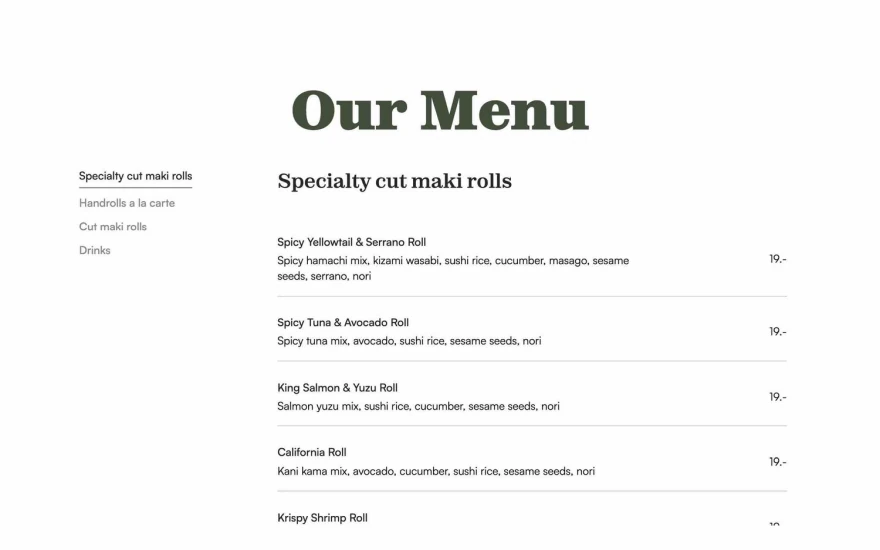 Third screenshot of Mooshi Restaurant website webflow template