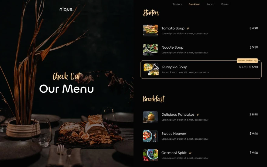 Third screenshot of Nique Restaurant website webflow template