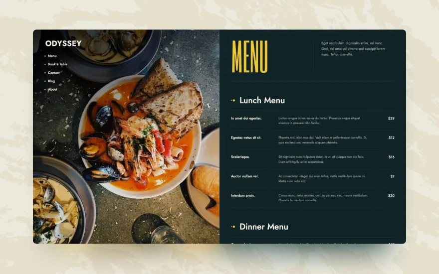 Second screenshot of Odyssey Restaurant website webflow template