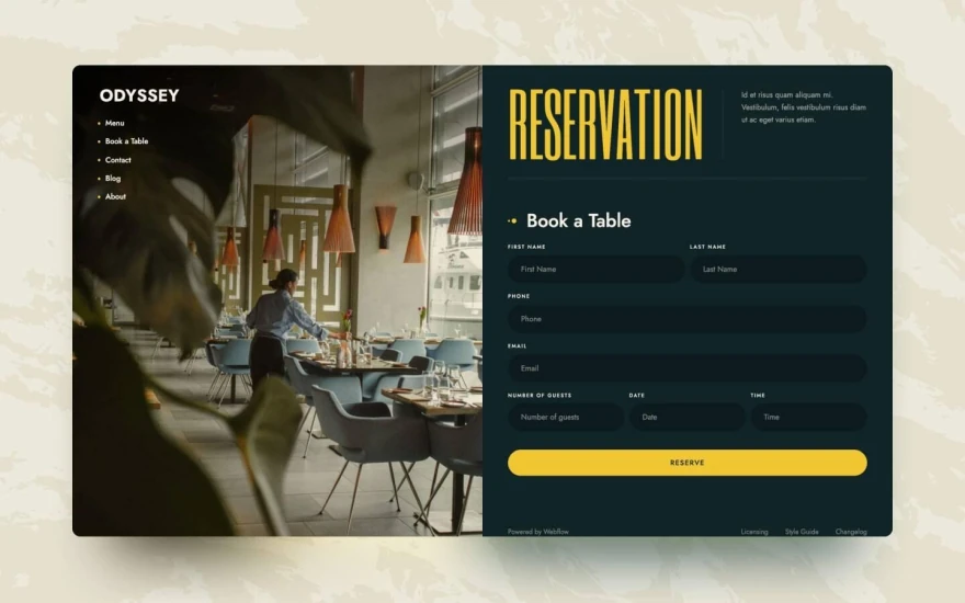 Fifth screenshot of Odyssey Restaurant website webflow template