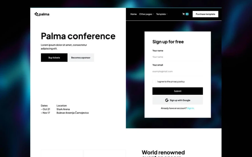 First screenshot of Palma Event website webflow template