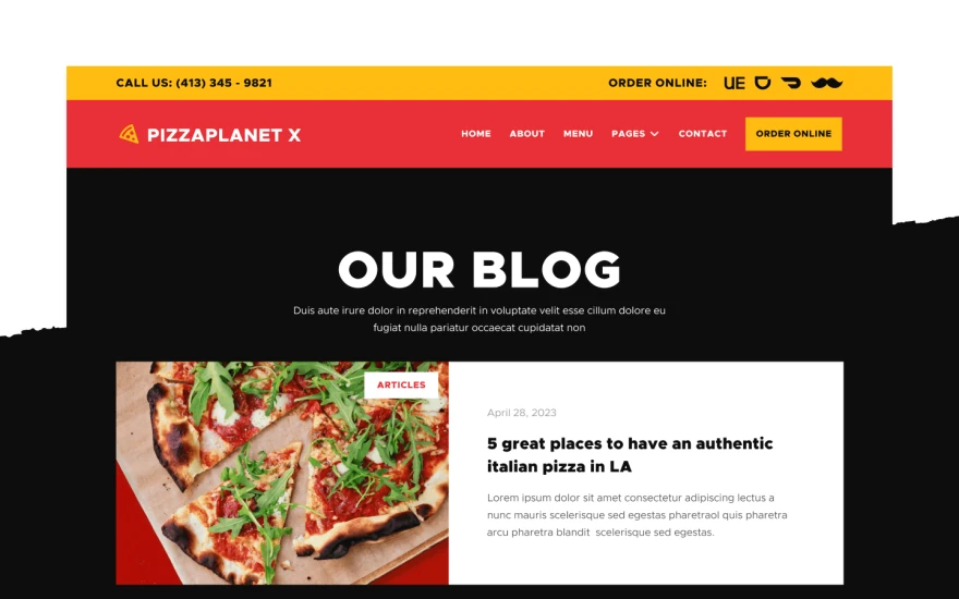Second screenshot of Pizzaplanet X Restaurant website webflow template