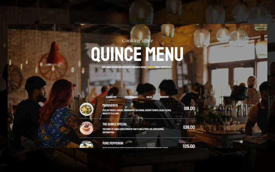 Second screenshot of Quince Restaurant website webflow template