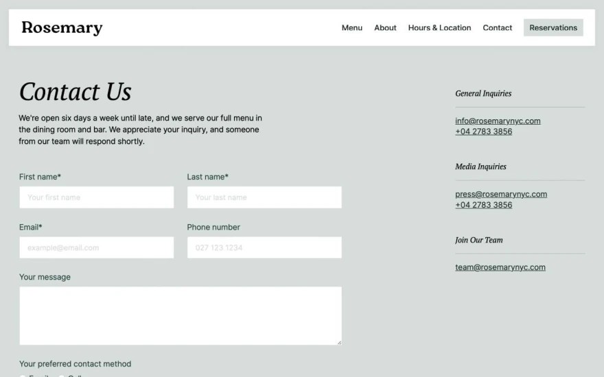 Second screenshot of Rosemary Restaurant website webflow template