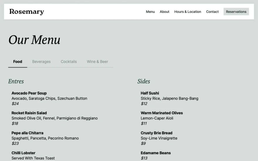 Fifth screenshot of Rosemary Restaurant website webflow template