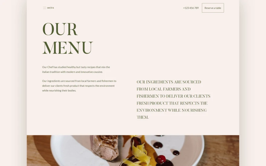 Third screenshot of Sectra Restaurant website webflow template