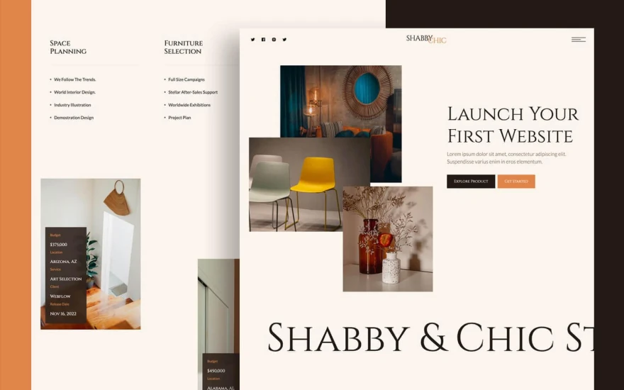 First screenshot of ShabbyChic Interior Design website webflow template