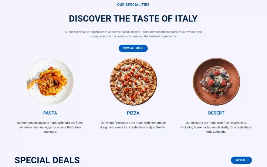 Second screenshot of The Pizzeria Restaurant website webflow template