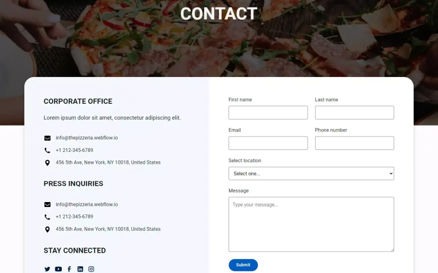 Fifth screenshot of The Pizzeria Restaurant website webflow template
