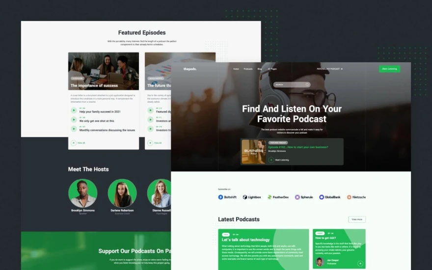 First screenshot of Thepods Podcast website webflow template